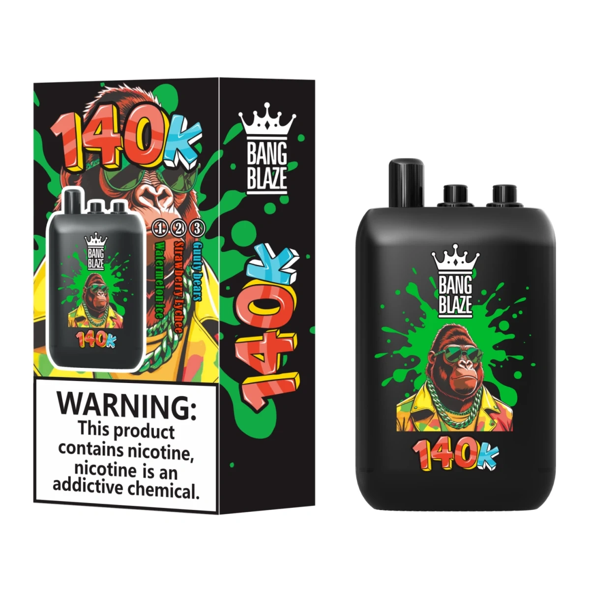 Bang Blaze 140K puffs 3-in-1 disposable vape Watermelon Ice flavor combination (with Strawberry Lychee and Gummy Bears) with individual retail box.