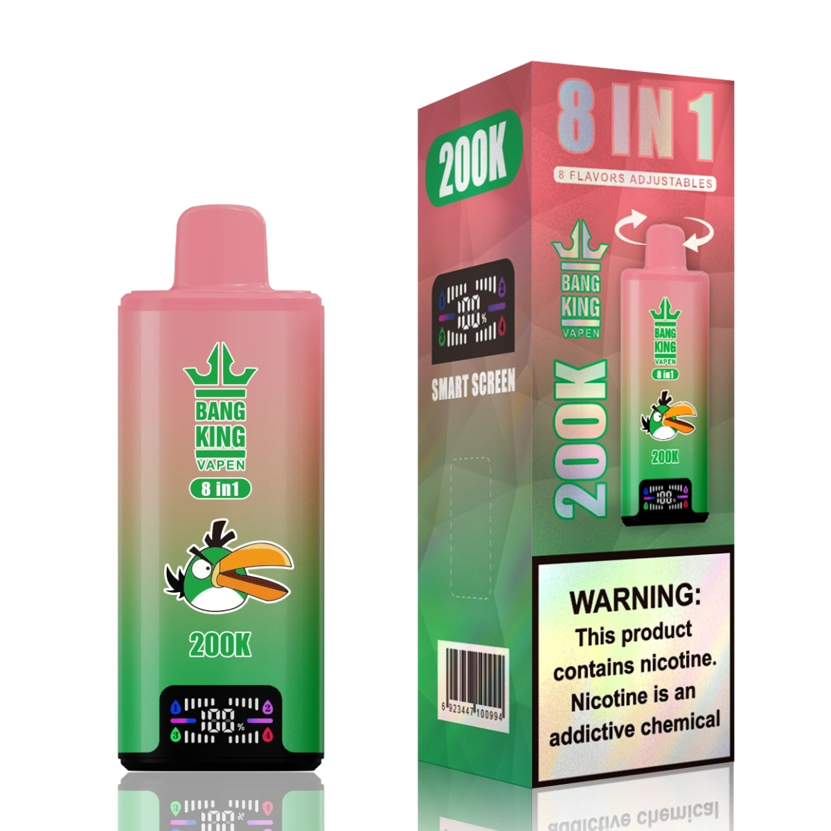Bang King 200K 8-in-1 disposable vape with rotary flavor selector (rotate top mouthpiece to switch). Shown with single-unit retail box. Flavors: Double Apple, Mango Peach, Strawberry Watermelon, and Strawberry Vanilla Coke.