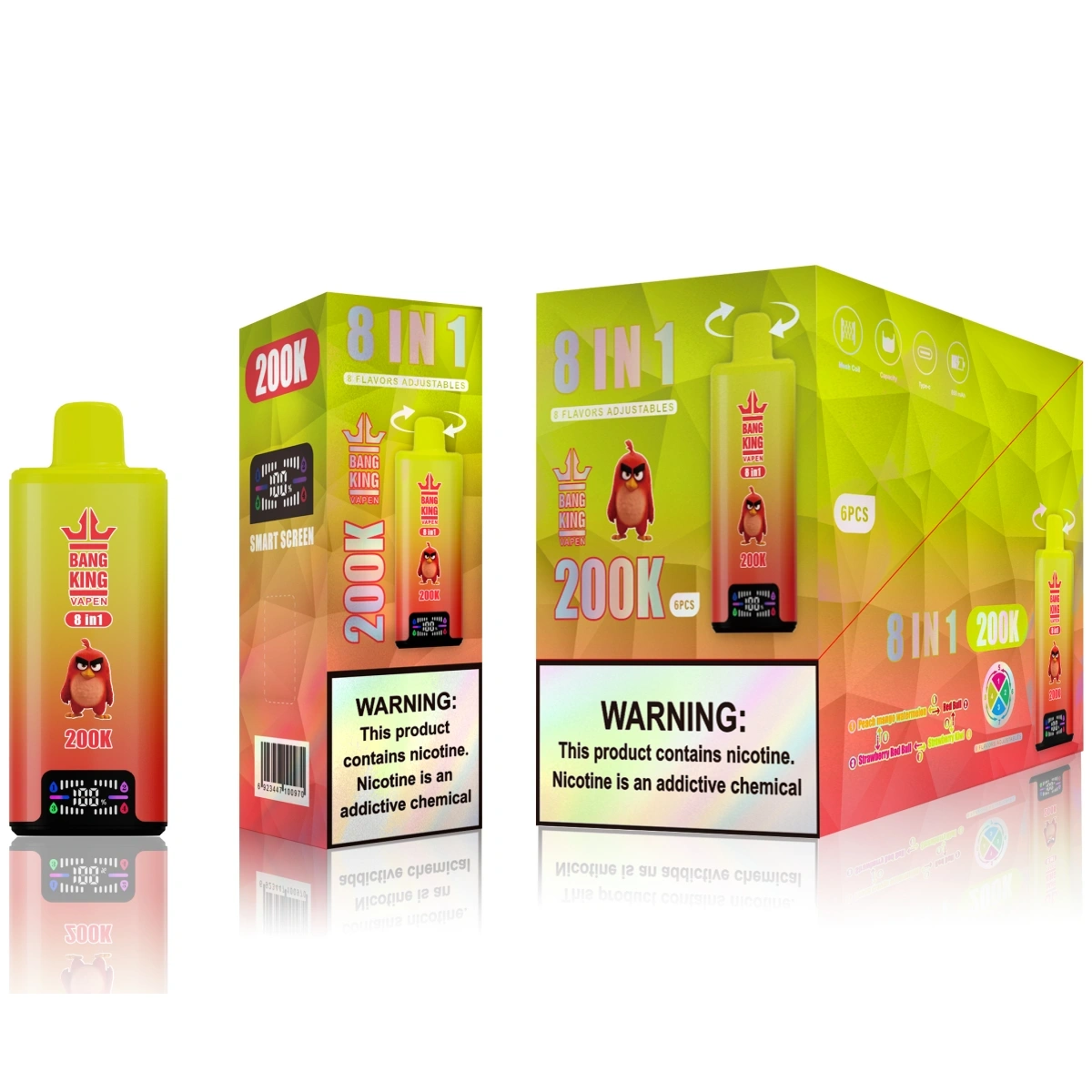 Bang King 200K 8-in-1 disposable vape with rotary top mouthpiece for flavor switching. Shown alongside a single retail box and a 6-piece medium box. Flavors include Peach Mango Watermelon, Red Bull, Strawberry Red Bull, and Strawberry Kiwi.