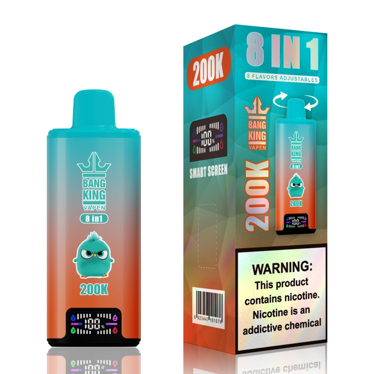 Bang King 200K 8-in-1 disposable vape allows you to rotate the top mouthpiece to enjoy four different flavors: Fizzy Lemon Lime, Apple Mojito, Pineapple Ice, and Cola Ice. Presented with individual retail packaging.