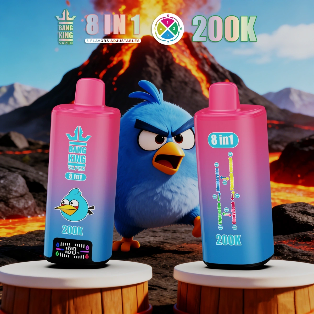 Bang King 200K 8-in-1 disposable vape featuring a rotating mouthpiece to select from Triple Melon, Blueberry Ice, Cherry Bomb, and Pineapple Coconut flavors. Product specifications displayed.