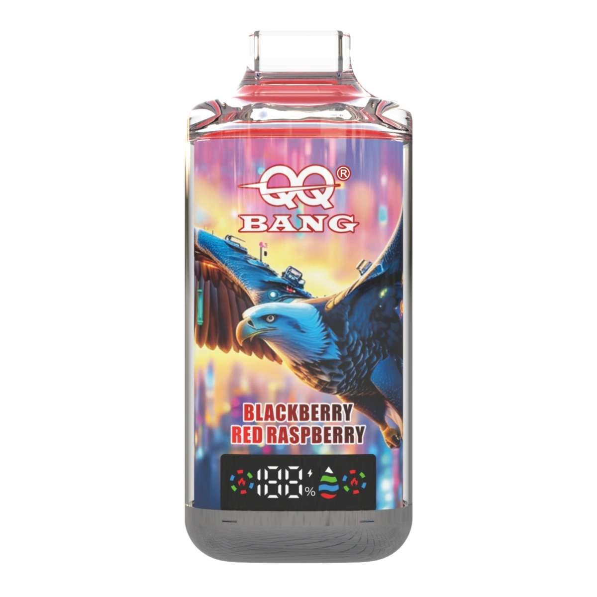 QQ Bang 120K crystal disposable vape with Blackberry Red Raspberry flavor. Isolated on white background.