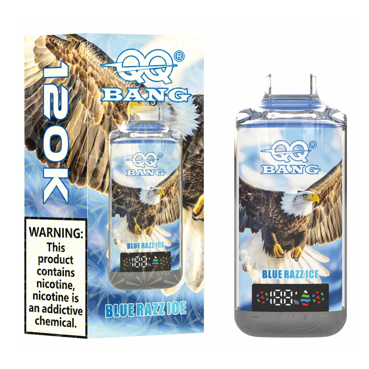 QQ Bang 120K crystal disposable vape with Blue Razz Ice flavor. Shown with single-unit retail box.