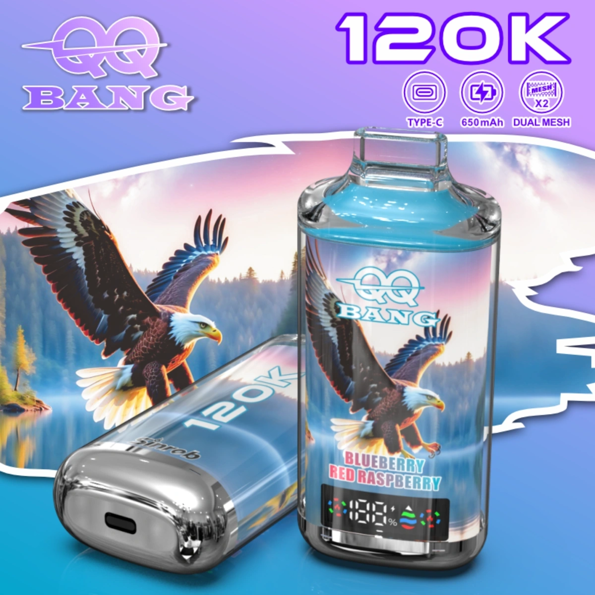 QQ Bang 120K crystal disposable vape delivering a blend flavor Blueberry Red Raspberry. Product specifications displayed.