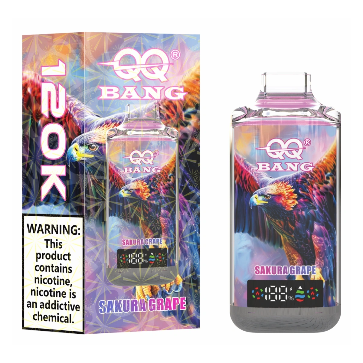 QQ Bang 120K crystal disposable vape featuring Sakura Grape. Presented alongside a single retail pack.