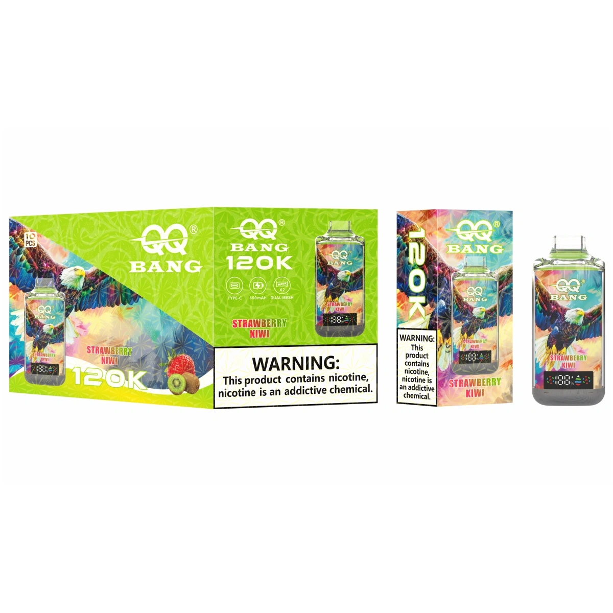 QQ Bang 120K crystal edition disposable vape offering Strawberry Kiwi. Shown with a single retail box and a 10pcs medium box for wholesale.