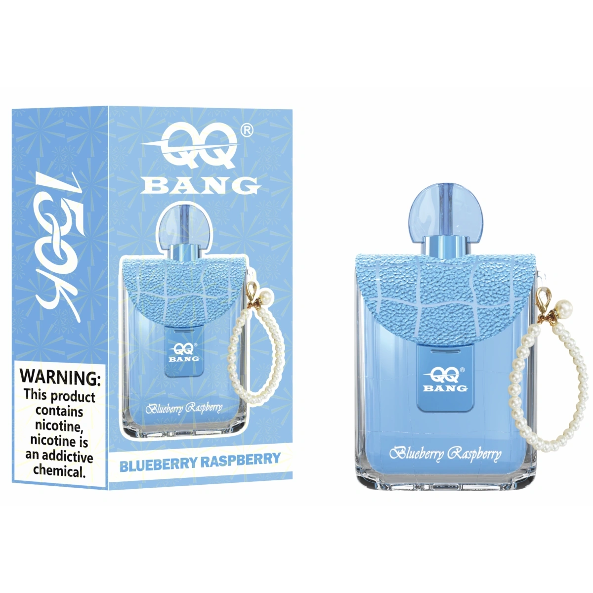 QQ Bang 150K perfume bottle design disposable vape with Blueberry Raspberry flavor. Presented alongside a single retail pack.