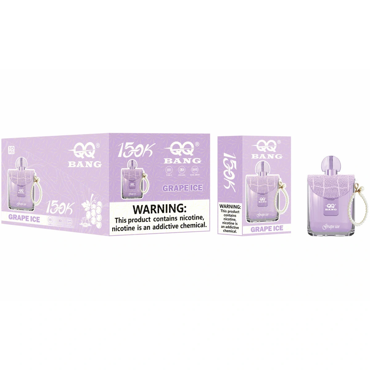 QQ Bang 150K crystal edition perfume bottle style disposable vape offering Grape Ice flavor. Shown with a single retail box and a 10pcs display box for wholesale.