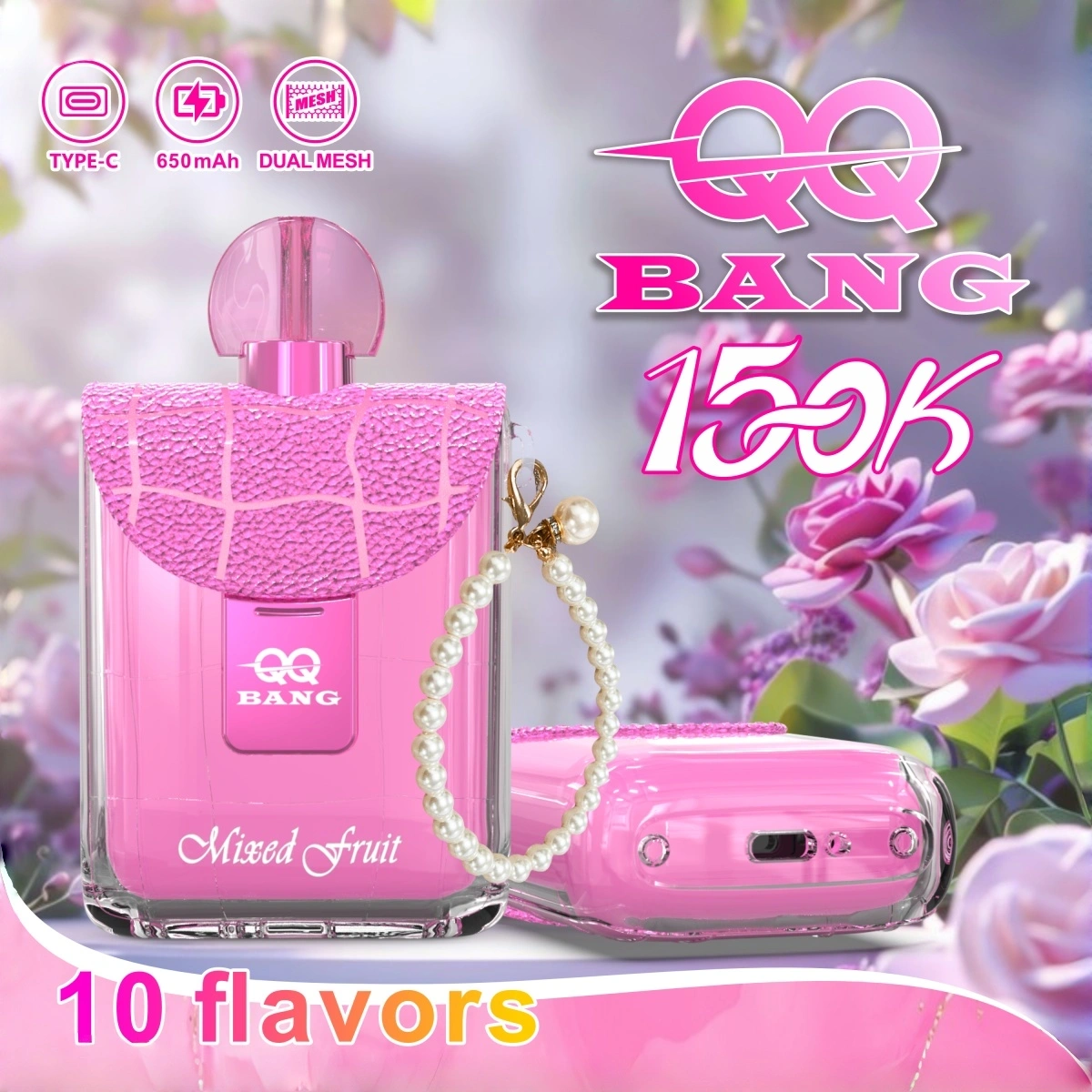 QQ Bang 150K perfume bottle style disposable vape offering Mixed Fruit flavor. Product specifications and puff count clearly displayed.
