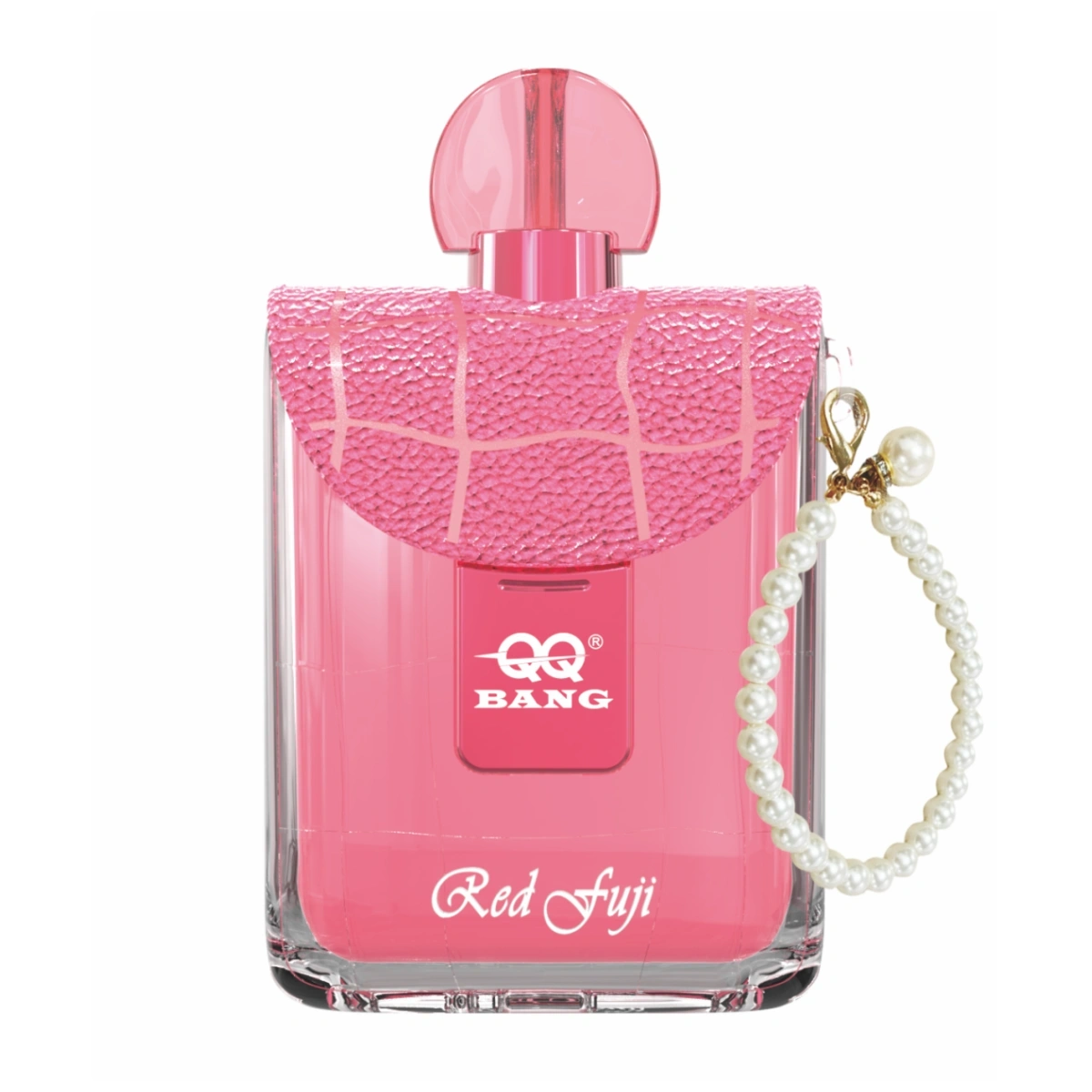 QQ Bang 150K crystal disposable vape with a unique perfume bottle design, delivering Red Fuji flavor. Isolated on white background.