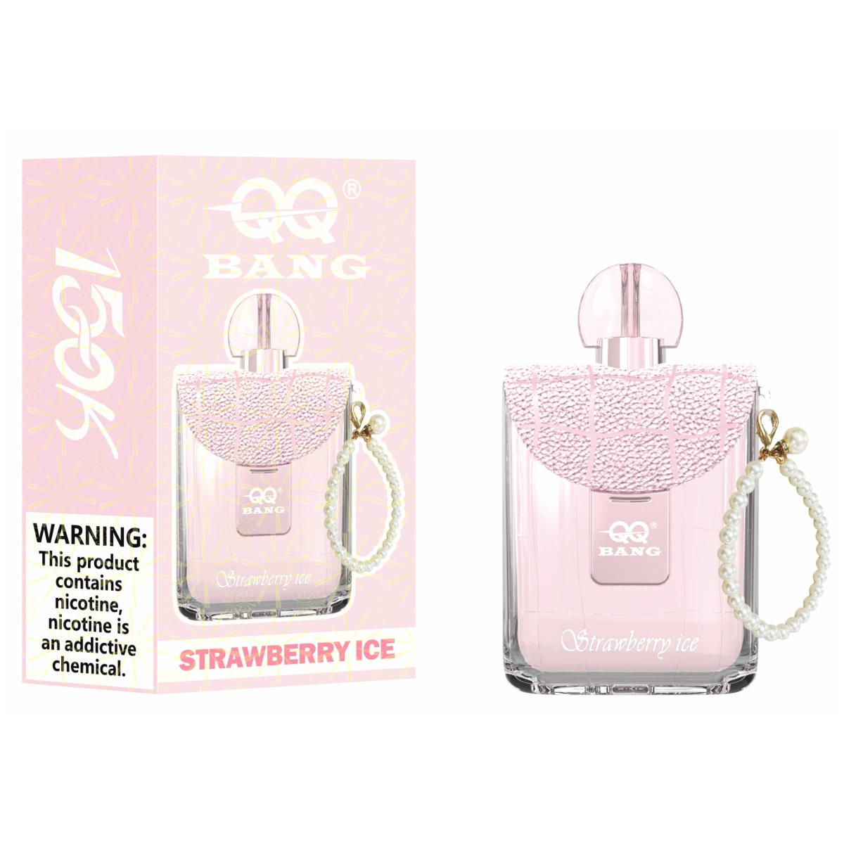 QQ Bang 150K crystal disposable vape in a perfume bottle shape, featuring cool Strawberry Ice. Shown with single-unit retail box.