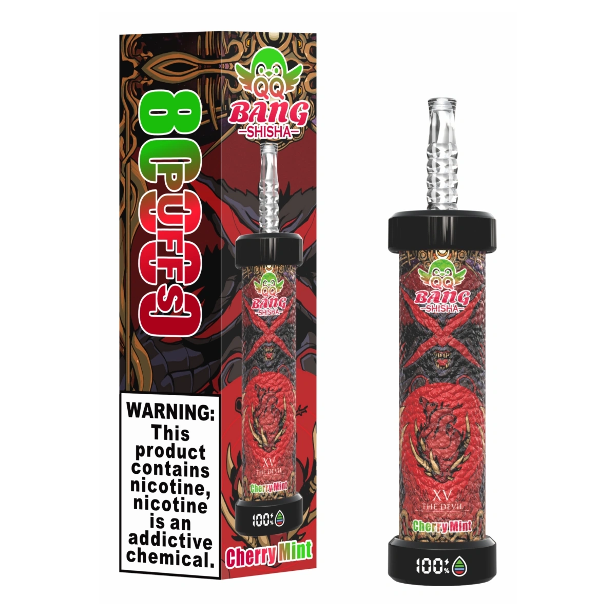 QQ Bang Shisha 80K disposable vape featuring Cherry Mint flavor. Presented alongside a single retail pack.