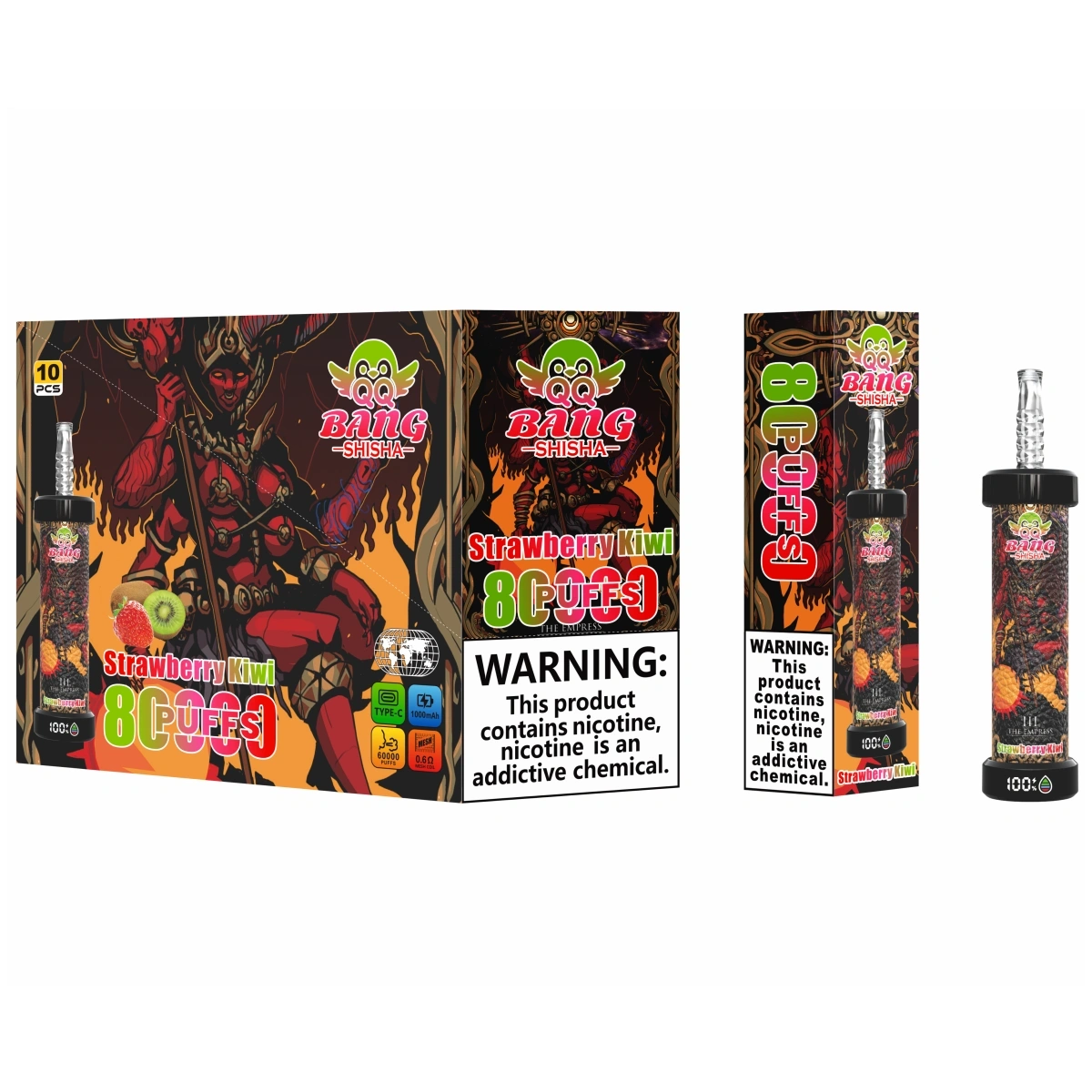 QQ Bang Shisha 80K disposable vape delivering Strawberry Kiwi. Shown with a single retail box and a 10pcs medium box for wholesale.