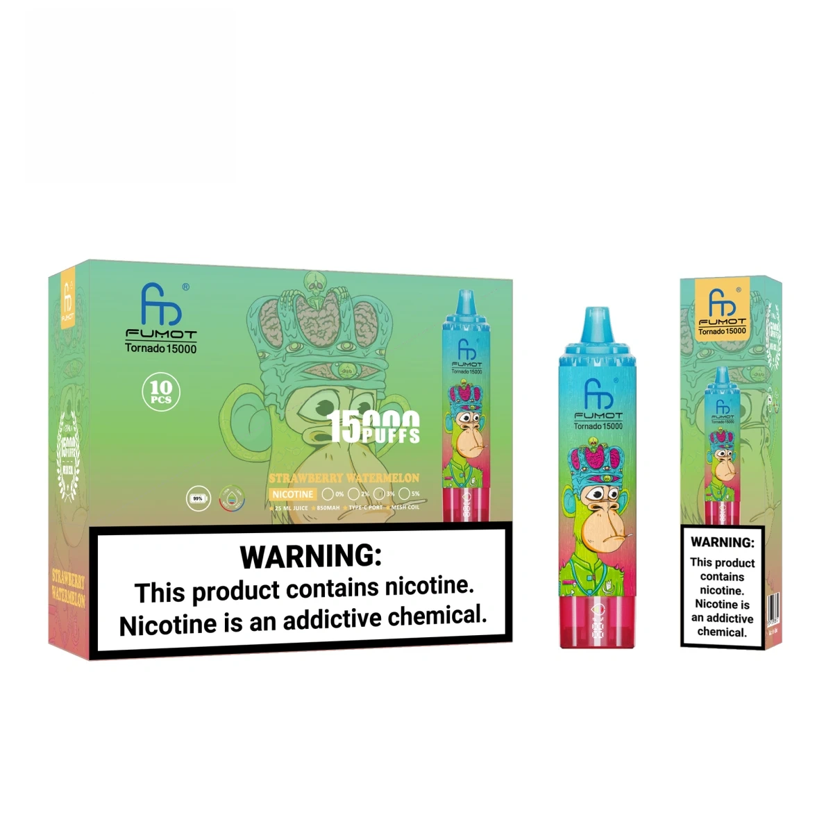 Fumot Tornado 15000 disposable vape with Strawberry Watermelon taste. Shown alongside a single retail box and a 10pcs medium box for wholesale.