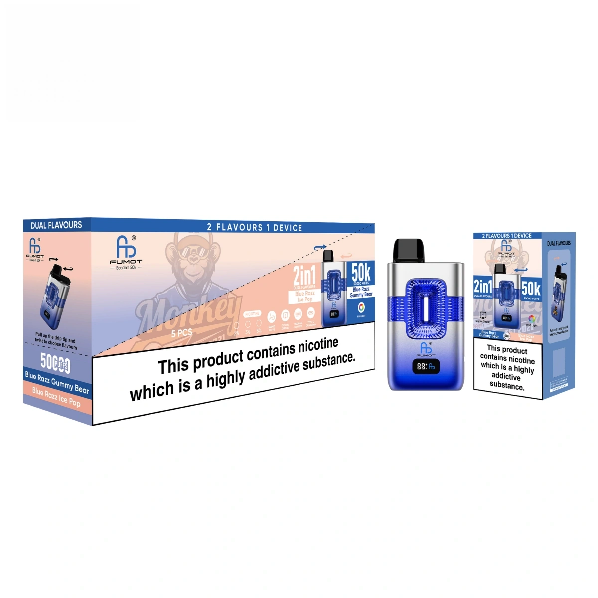 Fumot ECO 2in1 50K dual-flavor disposable vape – twist to select Blue Razz Gummy Bear or Blue Razz Ice Pop. Shown with a single retail box and a 5pcs medium box for wholesale.