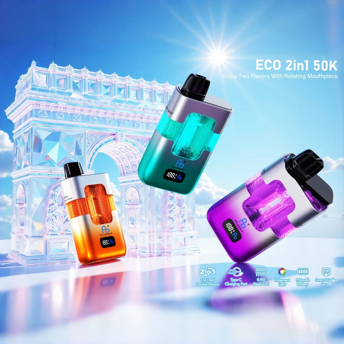 Fumot ECO 2in1 50K disposable vape featuring two flavors in one device – twist the mouthpiece to choose between Cool Mint and Watermelon Ice. Promotional poster style.