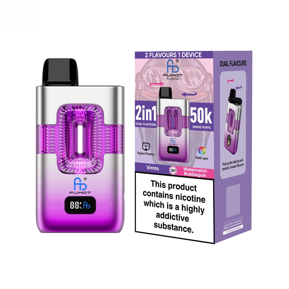 Fumot ECO 2in1 50K dual-flavor vape – rotate the mouthpiece to switch between Vimto and Watermelon Bubblegum. Shown with single-unit retail box.