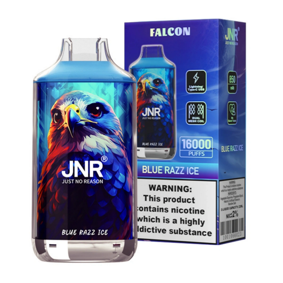 JNR Falcon 16000 Puffs disposable vape featuring bold blue razz ice flavor. Shown with single-unit retail box.