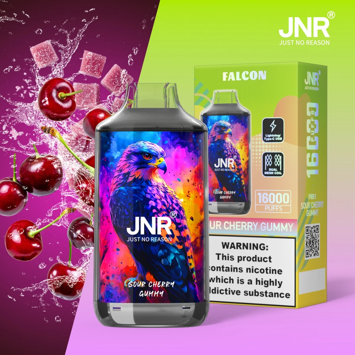 JNR Falcon 16000 Puffs disposable vape delivering sweet cherry gummy taste. Shown with single-unit retail box.