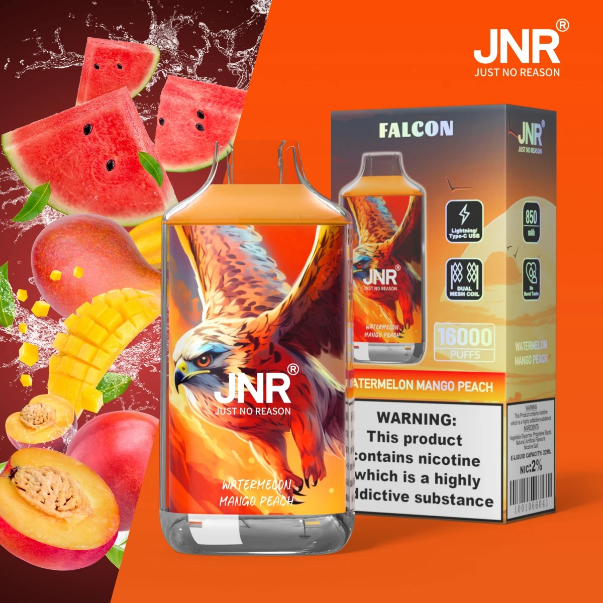 JNR Falcon 16000 Puffs disposable vape offering a tropical blend of watermelon mango peach flavor. Presented alongside a single retail pack.