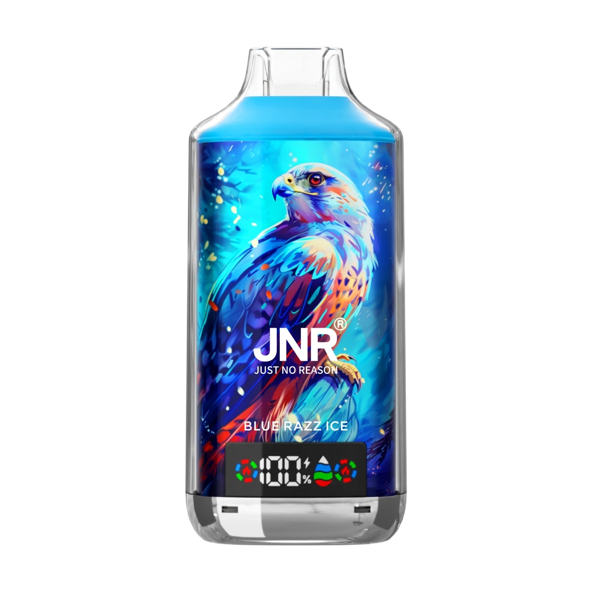 JNR Falcon-X 18000 Puffs Blue Razz Ice disposable vape with crystal craft design and smart digital screen, isolated on white background.