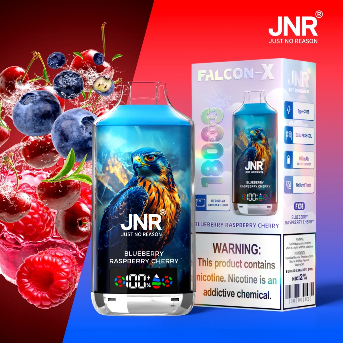 JNR Falcon-X 18000 Puffs blueberry raspberry cherry disposable vape with crystal craft design and smart digital screen, shown with single-unit retail box.