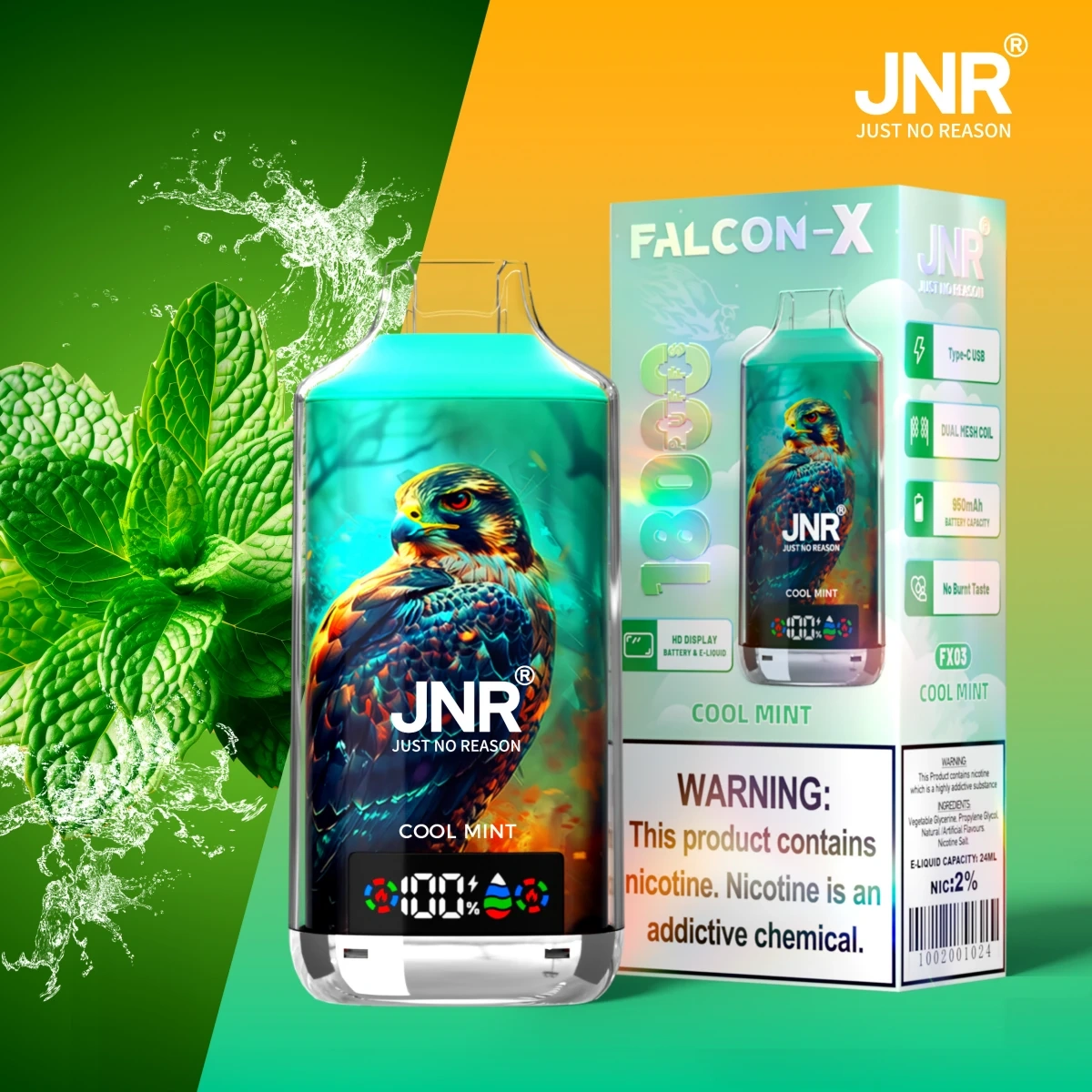 JNR Falcon-X 18000 Puffs cool mint disposable vape with crystal craft design and smart digital screen, shown with single-unit retail box.