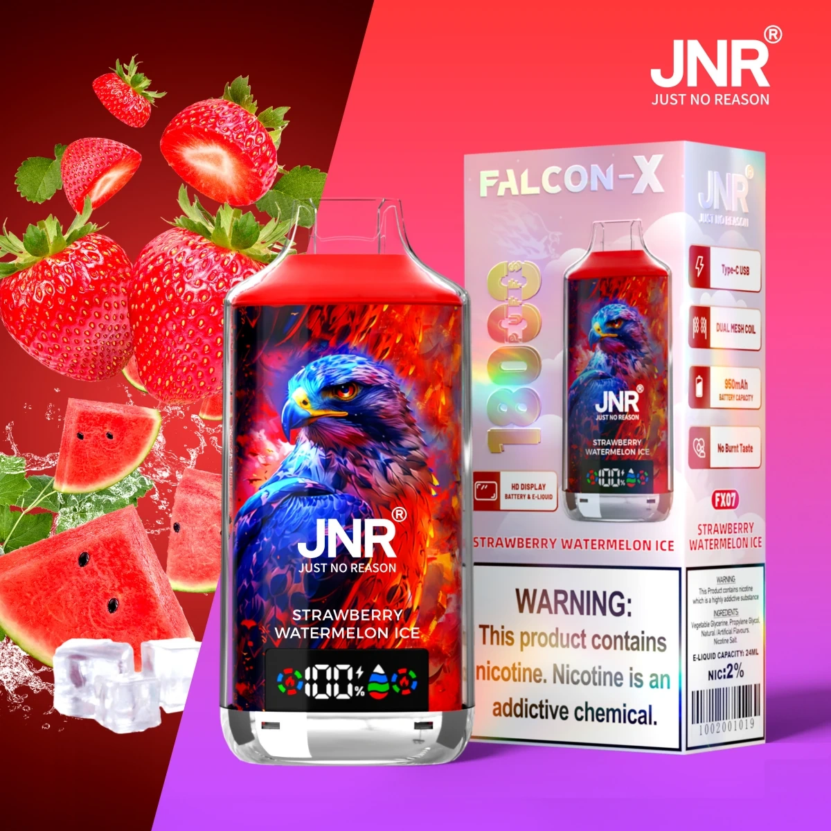 JNR Falcon-X 18000 Puffs strawberry watermelon ice disposable vape with crystal craft design and smart digital screen, shown with single-unit retail box.