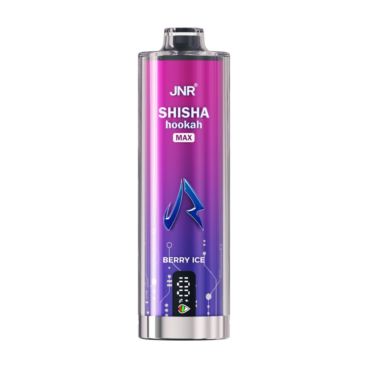 JNR Shisha Hookah Max 22K berry ice disposable vape with crystal craft design, triple mesh coils, smart LED screen, Type-C fast charging and adjustable airflow, isolated on white background.