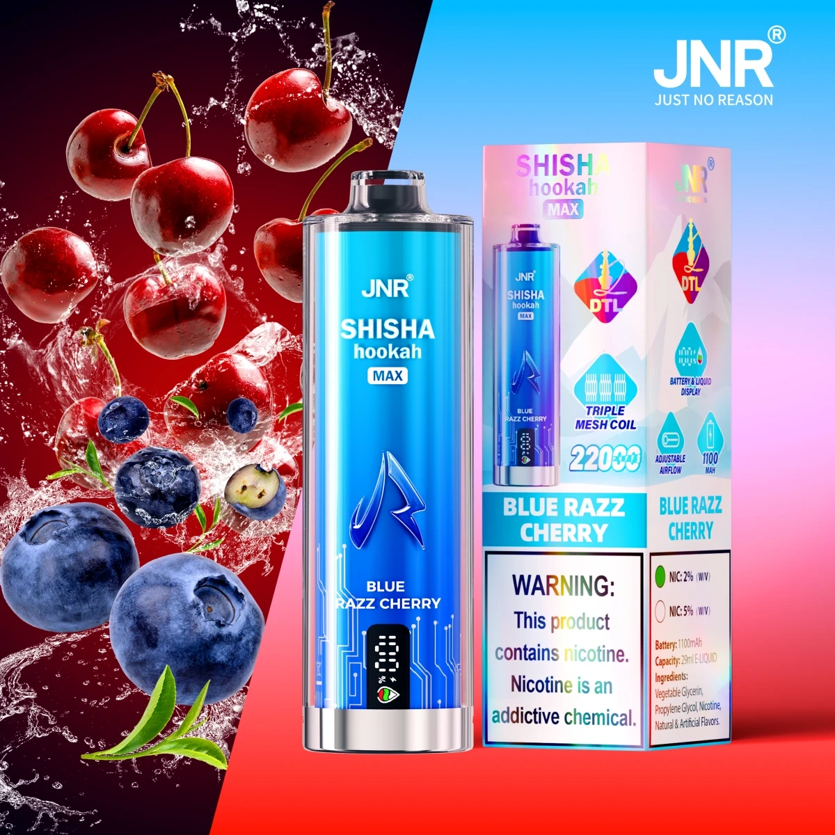 JNR Shisha Hookah Max 22K razz cherry disposable vape with crystal craft design, triple mesh coils, smart LED screen, Type-C fast charging and adjustable airflow, shown with single-unit retail box.
