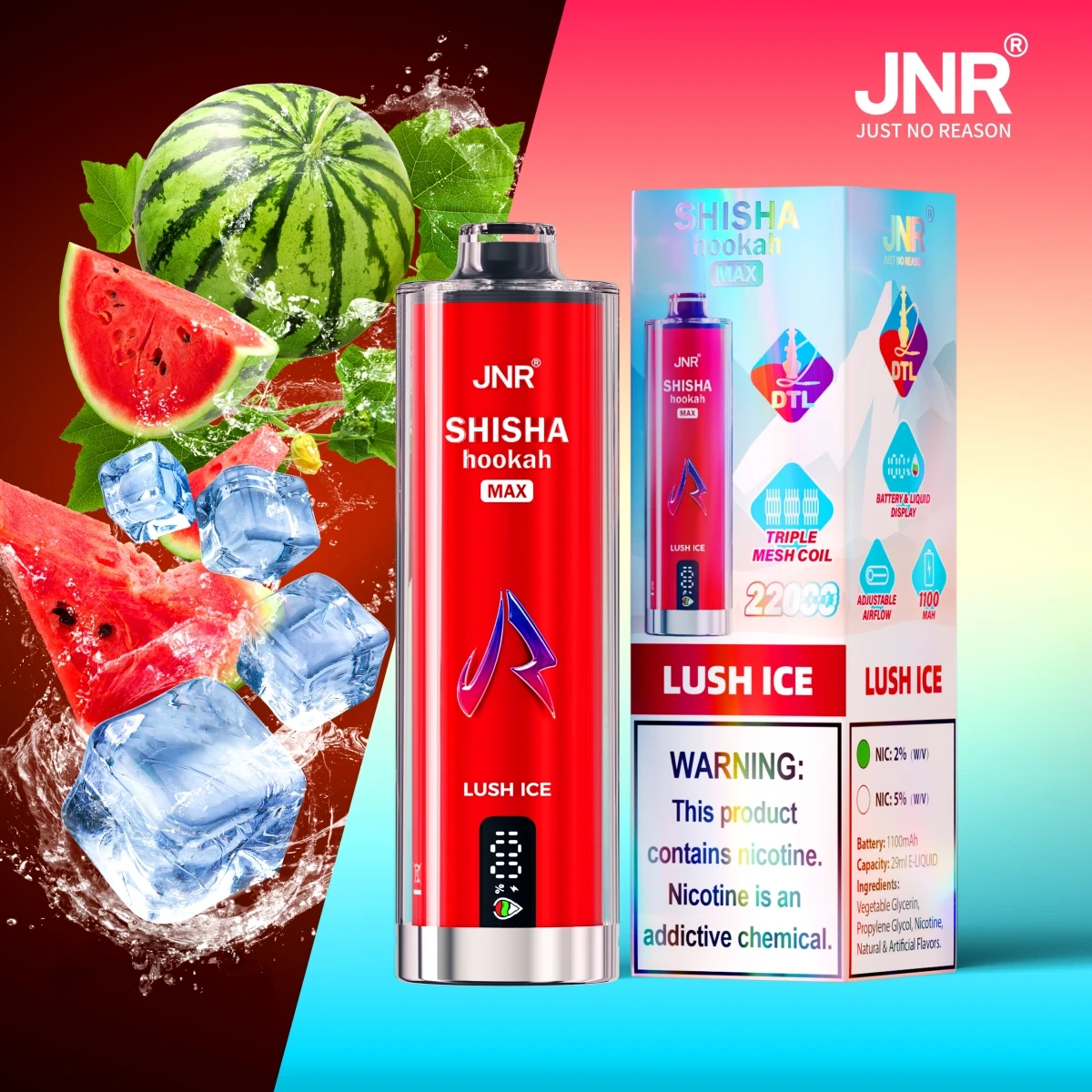 JNR Shisha Hookah Max 22K lush ice disposable vape with crystal craft design, triple mesh coils, smart LED screen, Type-C fast charging and adjustable airflow, shown with single-unit retail box.