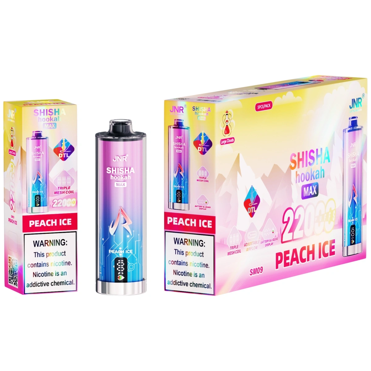 JNR Shisha Hookah Max 22K peach ice disposable vape with crystal craft design, triple mesh coils, smart LED screen, Type-C fast charging and adjustable airflow, shown with single retail box and a 10pcs medium box for wholesale.