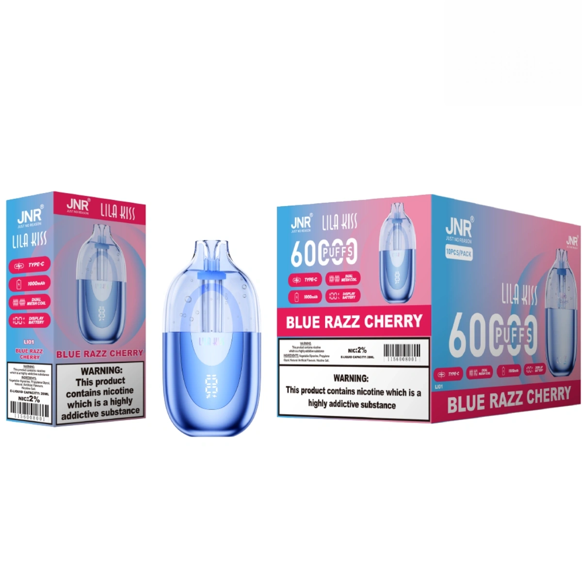 JNR Lila Kiss 60K blue razz cherry visible disposable vape with RGB breathing light, dual mesh coils, smart screen, Type-C fast charging, and leak-proof structure, shown with single retail box and 10pcs medium box for wholesale.