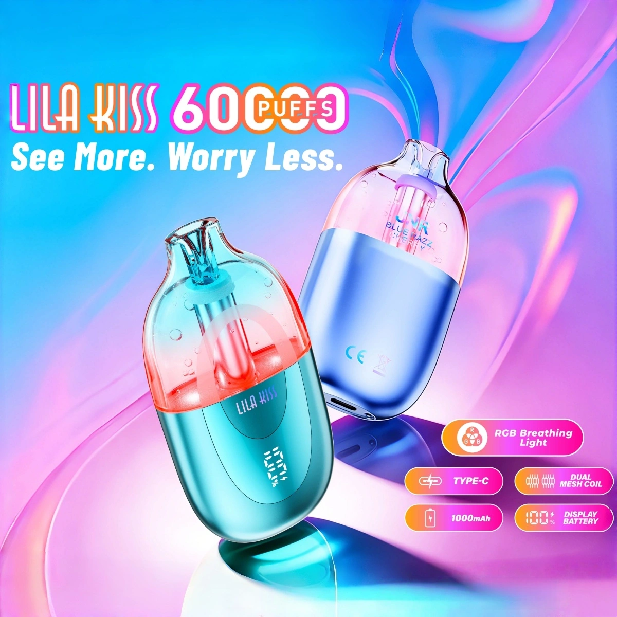 JNR Lila Kiss 60K mi amor visible disposable vape with RGB breathing light, dual mesh coils, smart screen, Type-C fast charging, and leak-proof structure, product specifications and key features displayed.