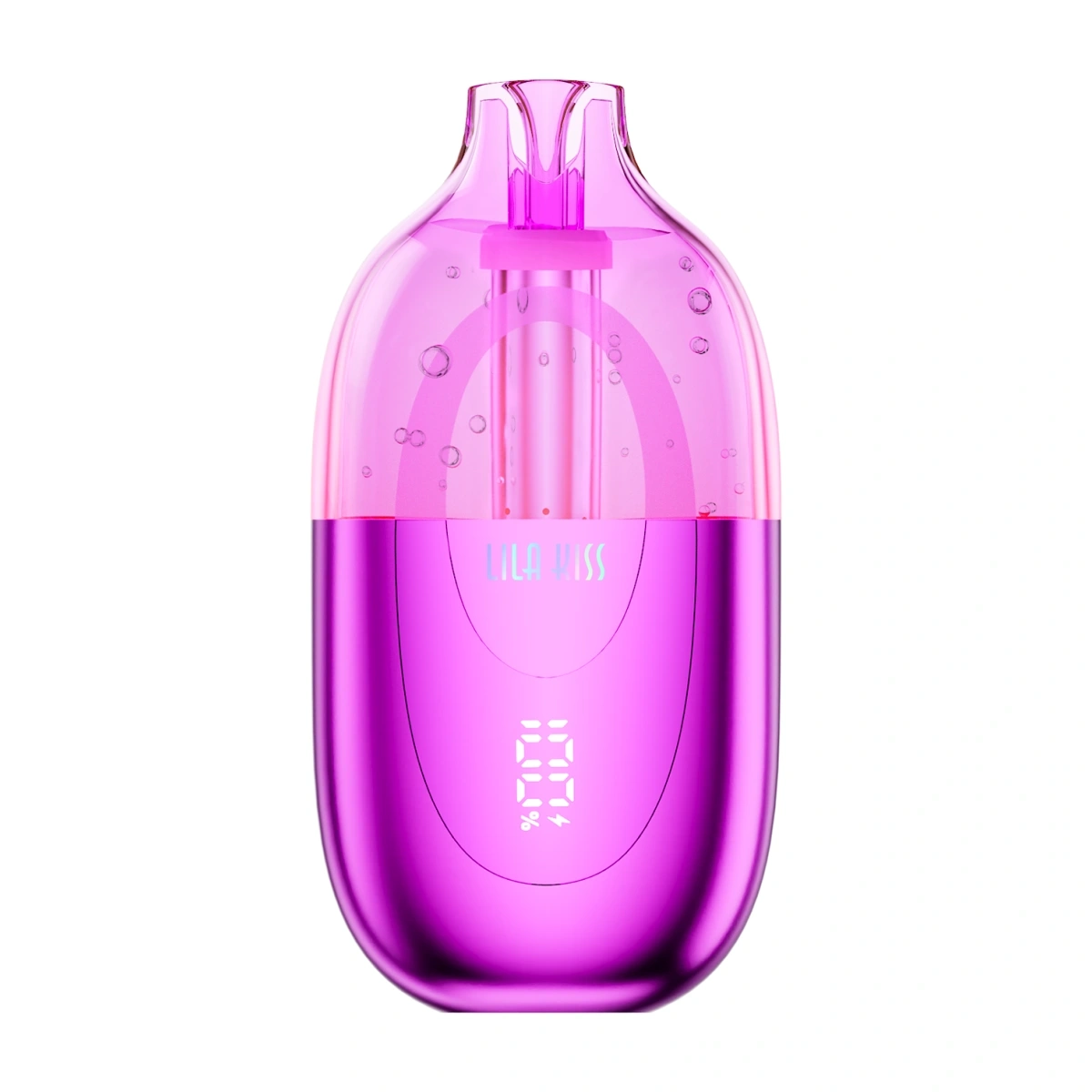 JNR Lila Kiss 60K strawberry ice visible disposable vape with RGB breathing light, dual mesh coils, smart screen, Type-C fast charging, and leak-proof structure, isolated on white background.