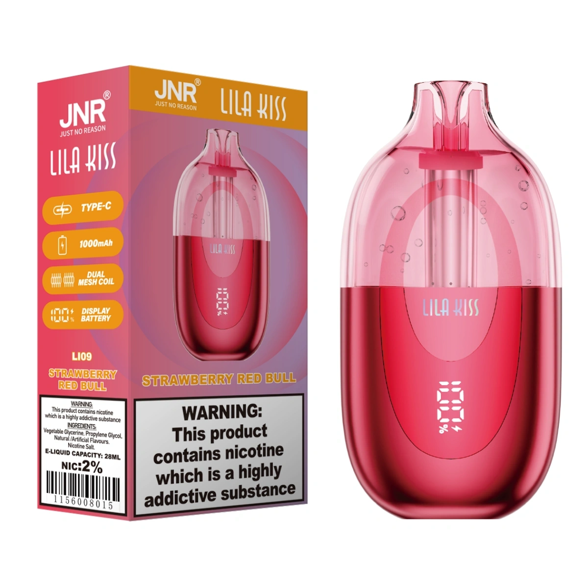 JNR Lila Kiss 60K strawberry red bull visible disposable vape with RGB breathing light, dual mesh coils, smart screen, Type-C fast charging, and leak-proof structure, shown with single-unit retail box.