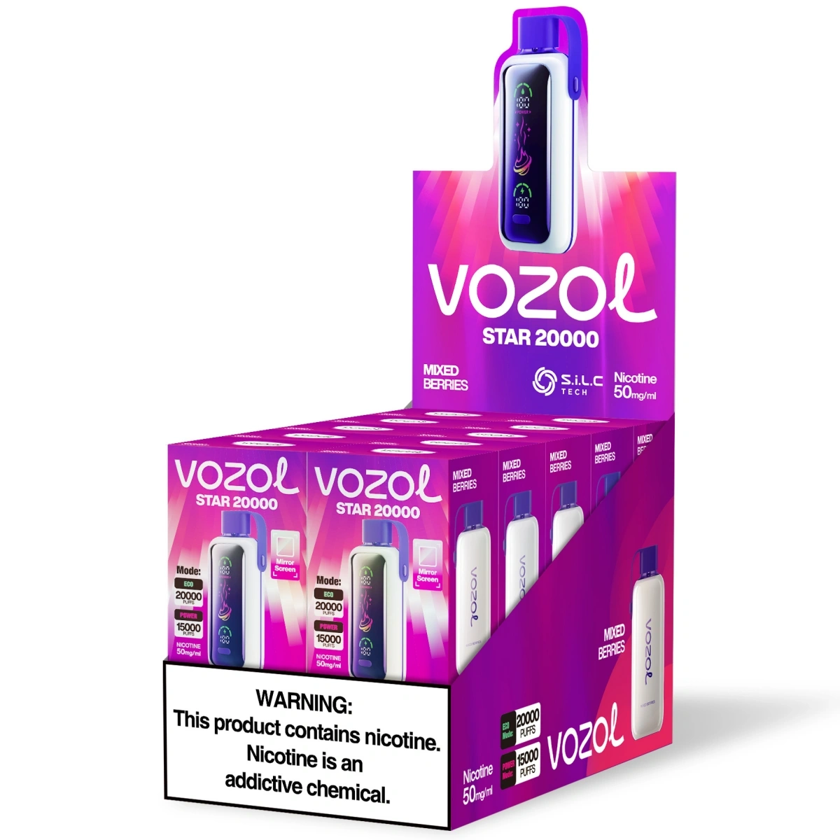 Vozol Star 20000 mixed berries disposable vape with smart screen and dual mesh coils, shown with single retail box and 10-piece medium package for wholesale.