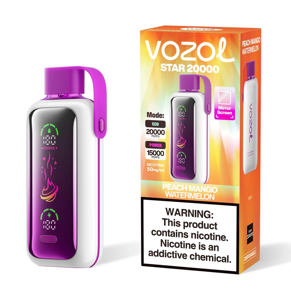 Vozol Star 20000 peach mango watermelon disposable vape featuring Eco/Boost modes, HD screen, and S.i.L.C. flavor technology, shown with single-unit retail box.