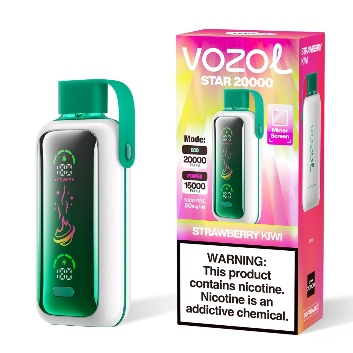 Vozol Star 20000 strawberry kiwi disposable vape with dual mesh coils and Type-C fast charging, shown with single-unit retail box.