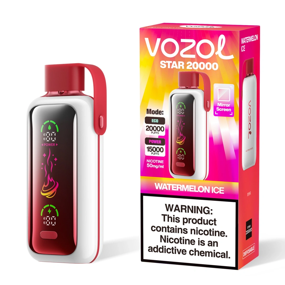 Vozol Star 20000 watermelon ice disposable vape with 2.2-inch HD mirror screen and Eco/Boost modes, shown with single-unit retail box.