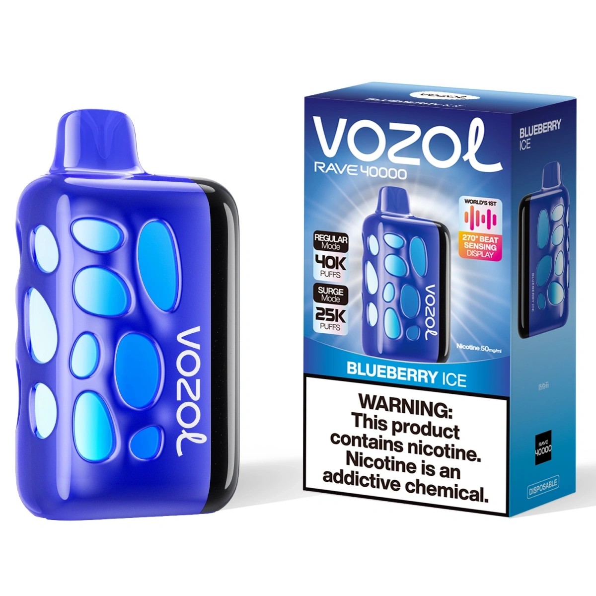 Vozol Rave 40000 blueberry ice disposable vape with dual modes, 270° RGB music-sync LED display, dual mesh coils, and Type-C fast charging, shown with single-unit retail box.