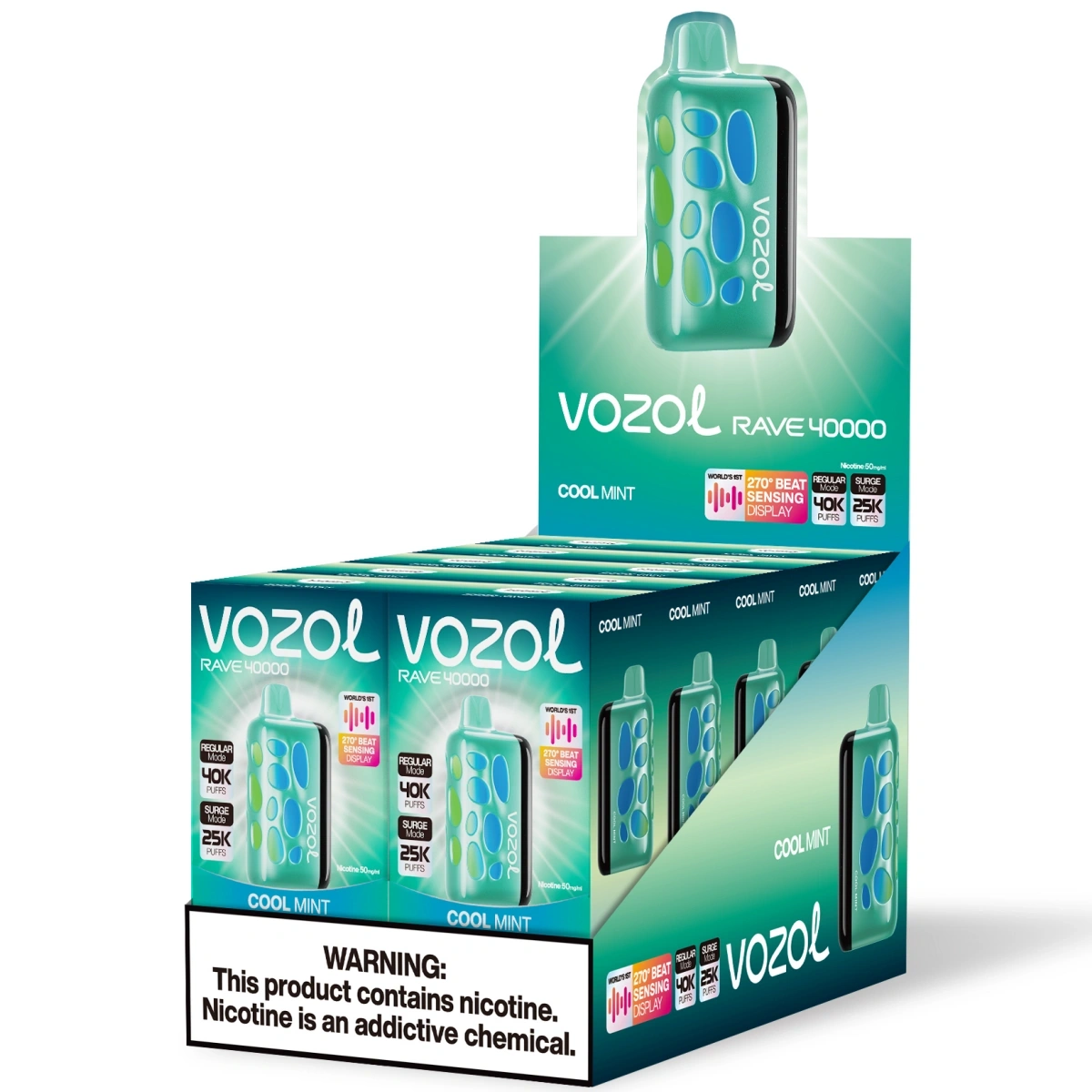Vozol Rave 40000 cool mint disposable vape with dual modes, 270° RGB music-sync LED display, dual mesh coils, and Type-C fast charging, shown with a single retail box and a 10pcs medium box for wholesale.