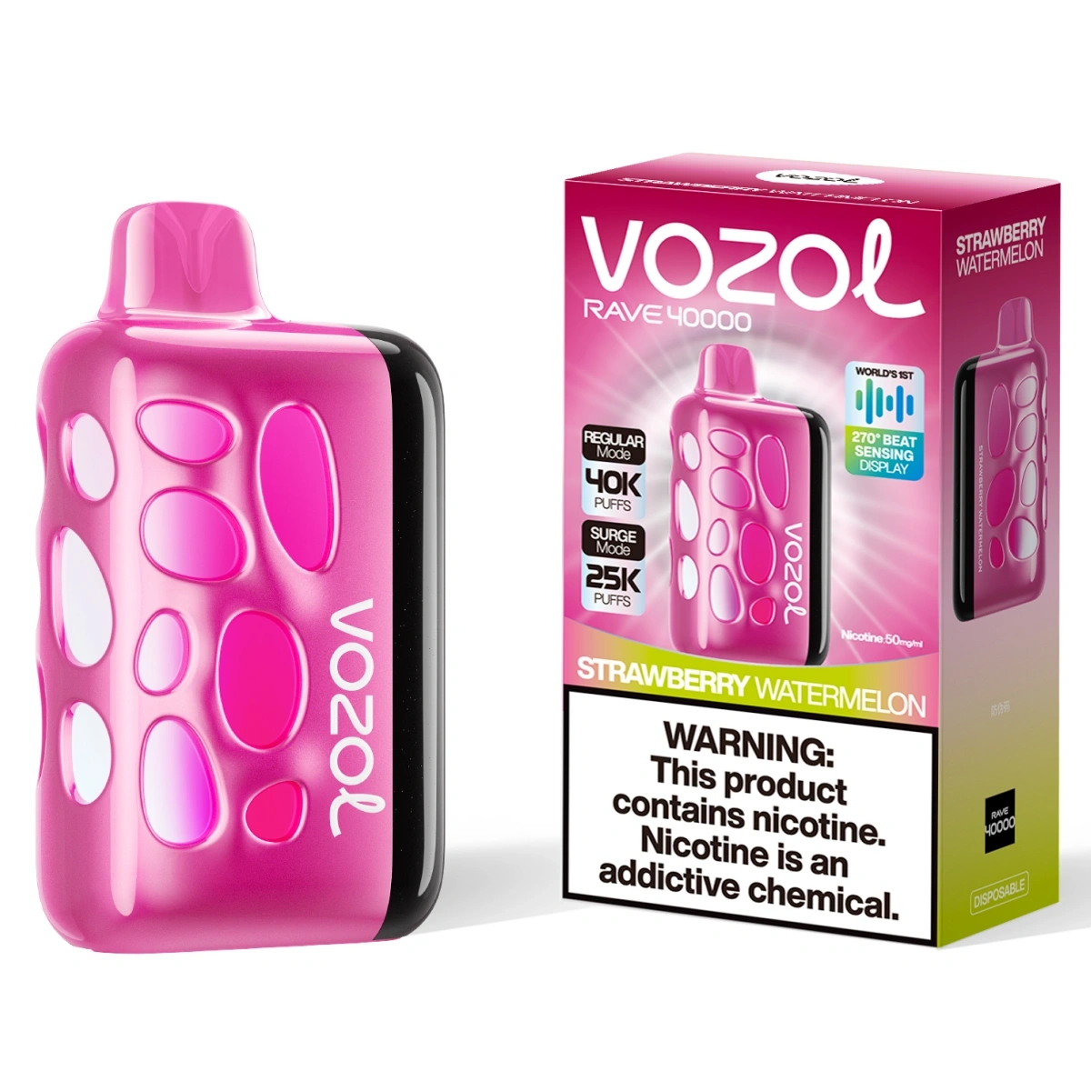 Vozol Rave 40000 strawberry watermelon disposable vape with dual modes, 270° RGB music-sync LED display, dual mesh coils, and Type-C fast charging, shown with single-unit retail box.