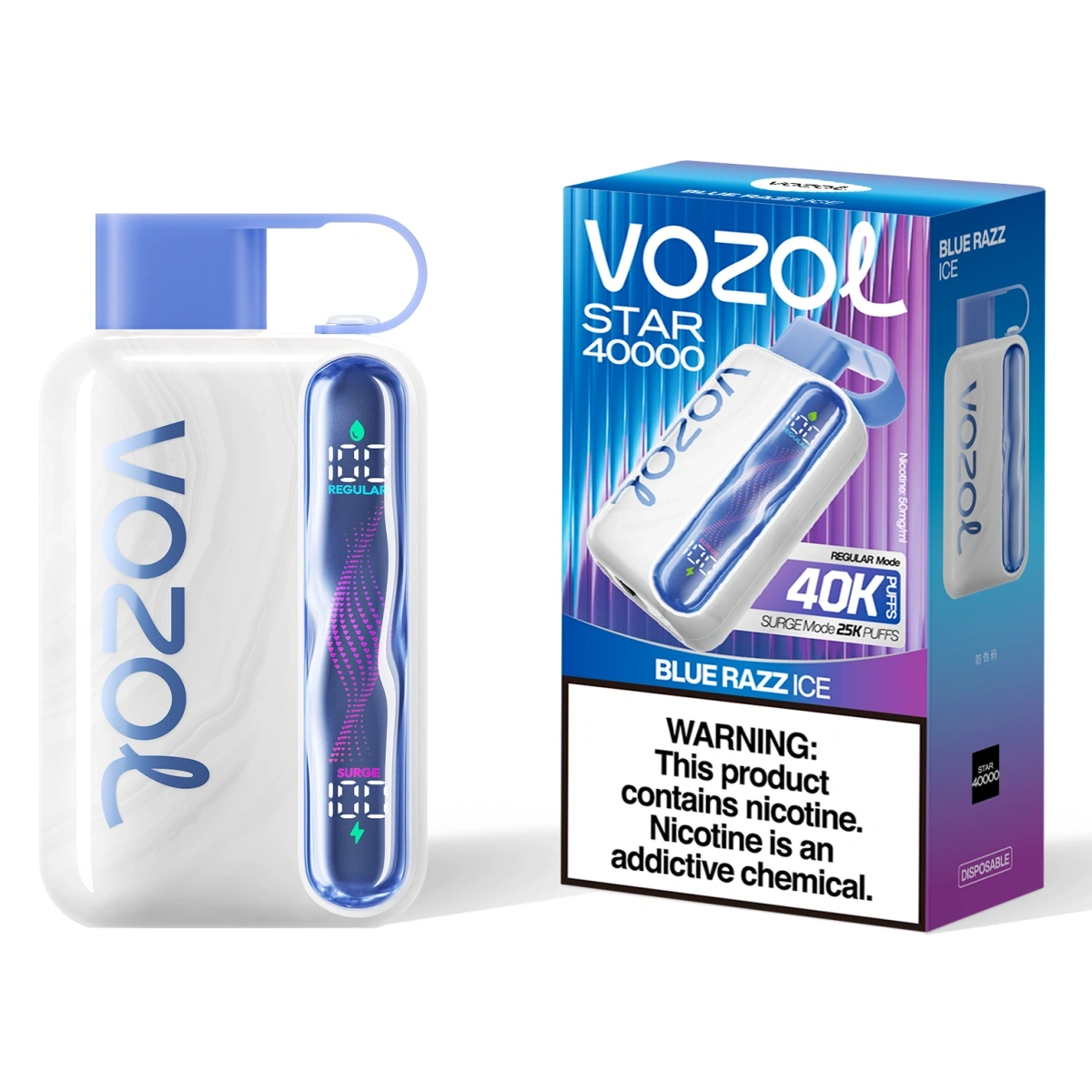 Vozol Star 40000 blue razz ice disposable vape with dual power modes, wavy curved screen, dual mesh coils, and Type-C fast charging, shown with single-unit retail box.