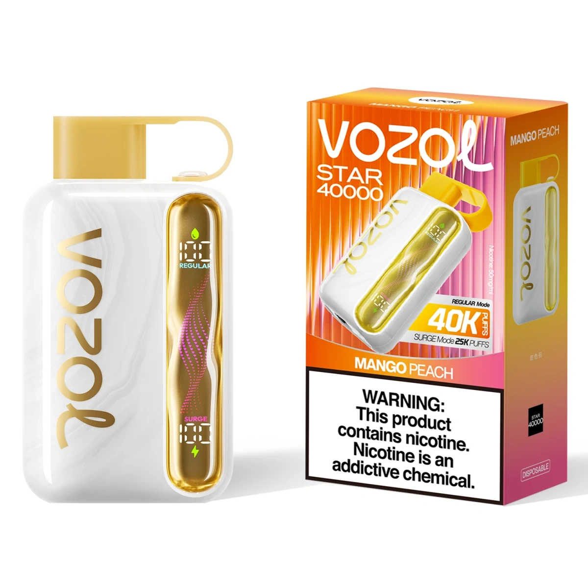 Vozol Star 40000 mango peach disposable vape with dual power modes, wavy curved screen, dual mesh coils, and Type-C fast charging, shown with single-unit retail box.