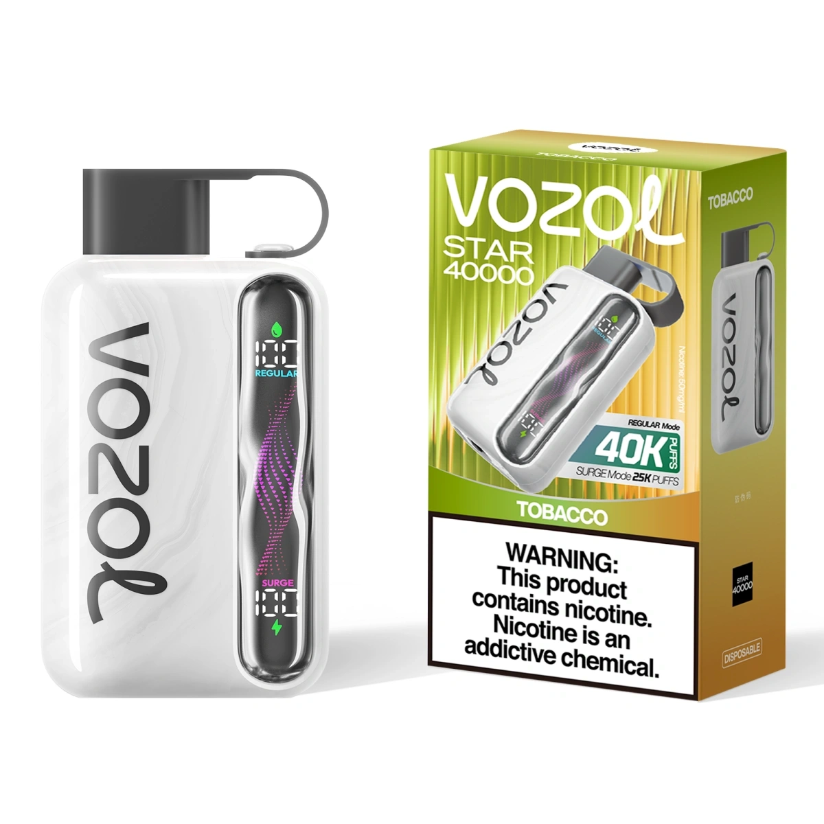 Vozol Star 40000 tobacco disposable vape with dual power modes, wavy curved screen, dual mesh coils, and Type-C fast charging, shown with single-unit retail box.