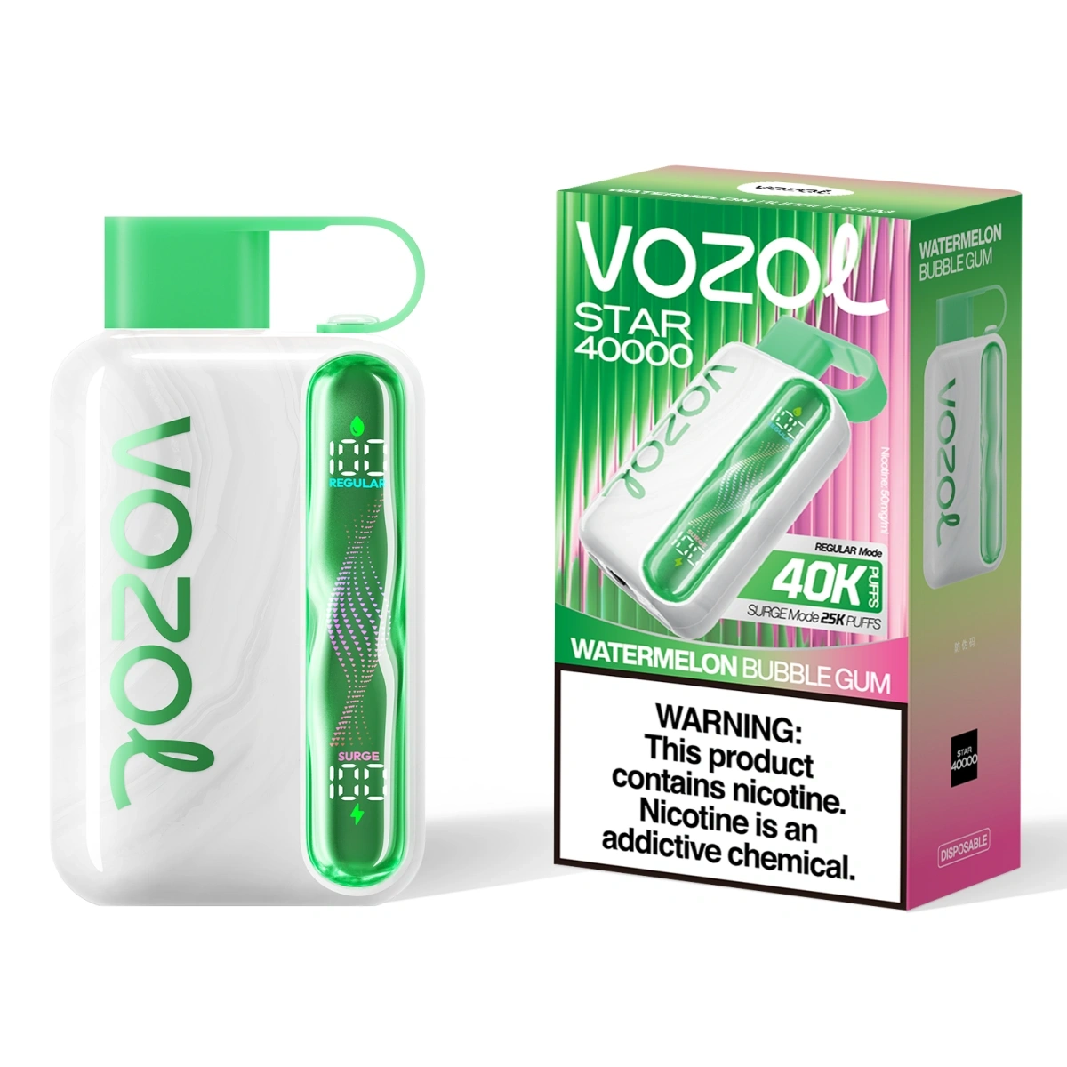 Vozol Star 40000 watermelon bubble gum disposable vape with dual power modes, wavy curved screen, dual mesh coils, and Type-C fast charging, shown with single-unit retail box.