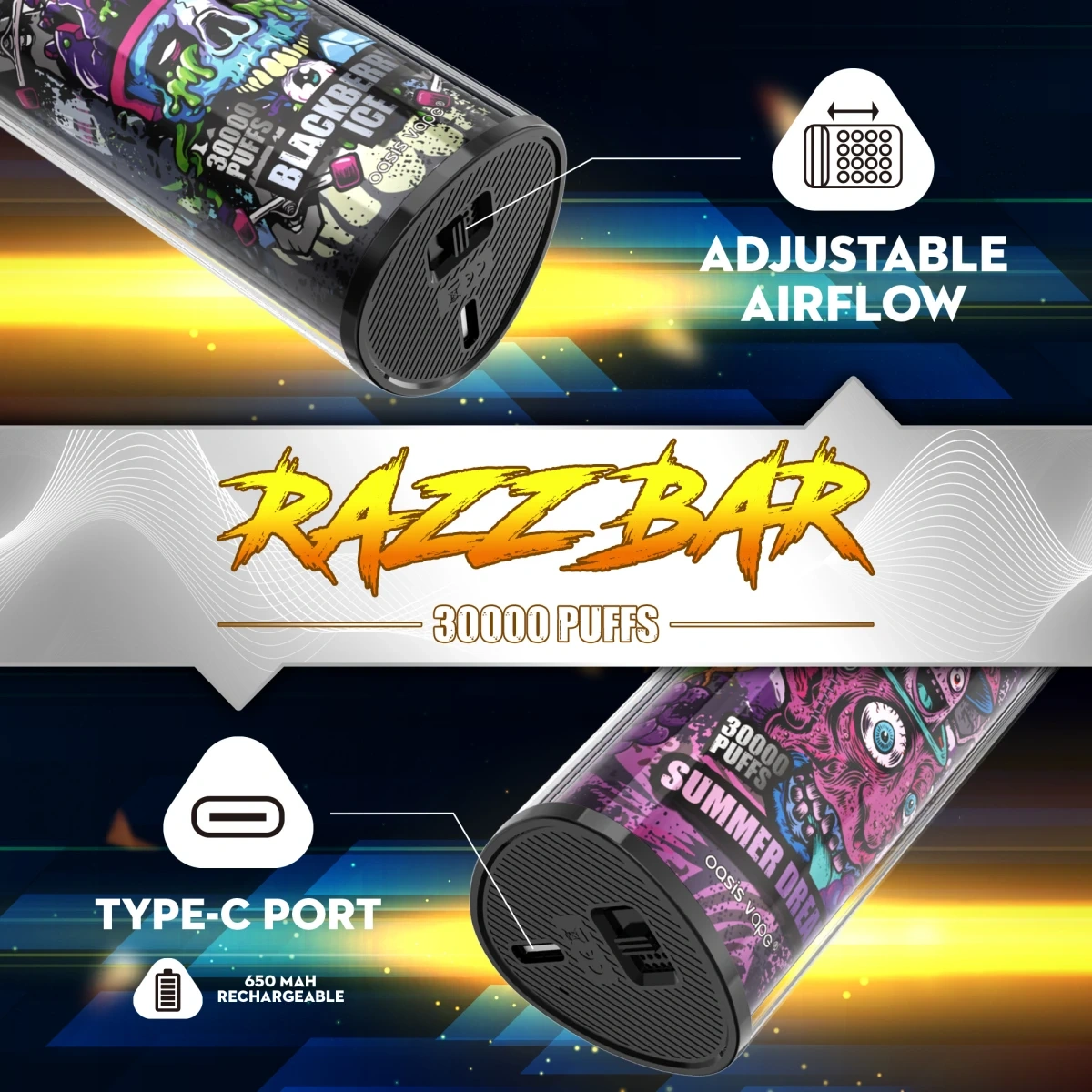 Razz Bar 30000 Puffs blackberry ice disposable vape instruction of Type-C charging port and airflow control features.