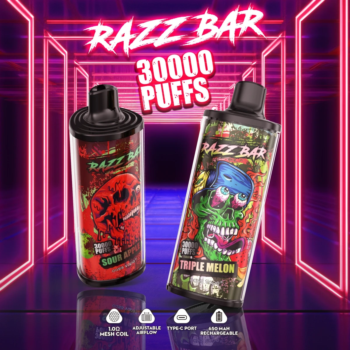 Razz Bar 30000 Puffs sour apple disposable vape with crystal stunning appearance, mesh coils, Type-C fast charging, and adjustable airflow, shown with product specifications displayed.