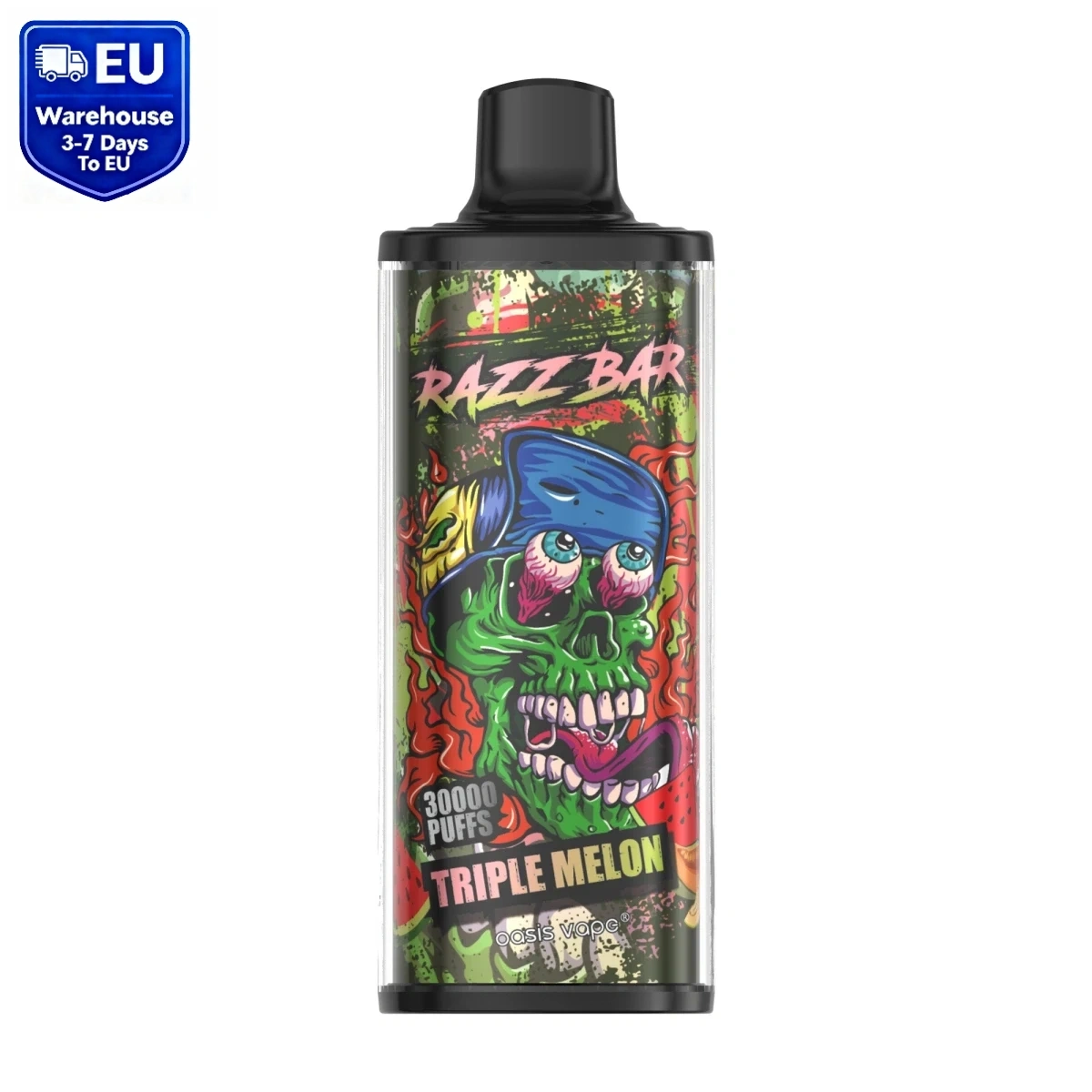 Razz Bar 30000 Puffs triple melon disposable vape with crystal stunning appearance, mesh coils, Type-C fast charging, and adjustable airflow, isolated on white background.